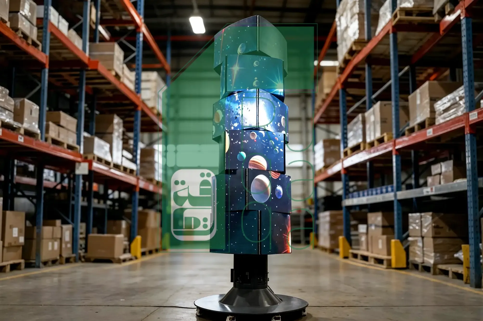 شاشة LED دوّارة من رقاقة على هيئة برج من وحدات مائلة تعرض محتوى كونيًا بالكواكب فوق قاعدة دائرية دوّارة داخل مساحة داخلية