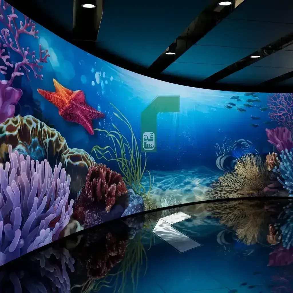 Ruqaqa flexible curved LED screen showing a 3D aquarium scene with coral reef and a starfish