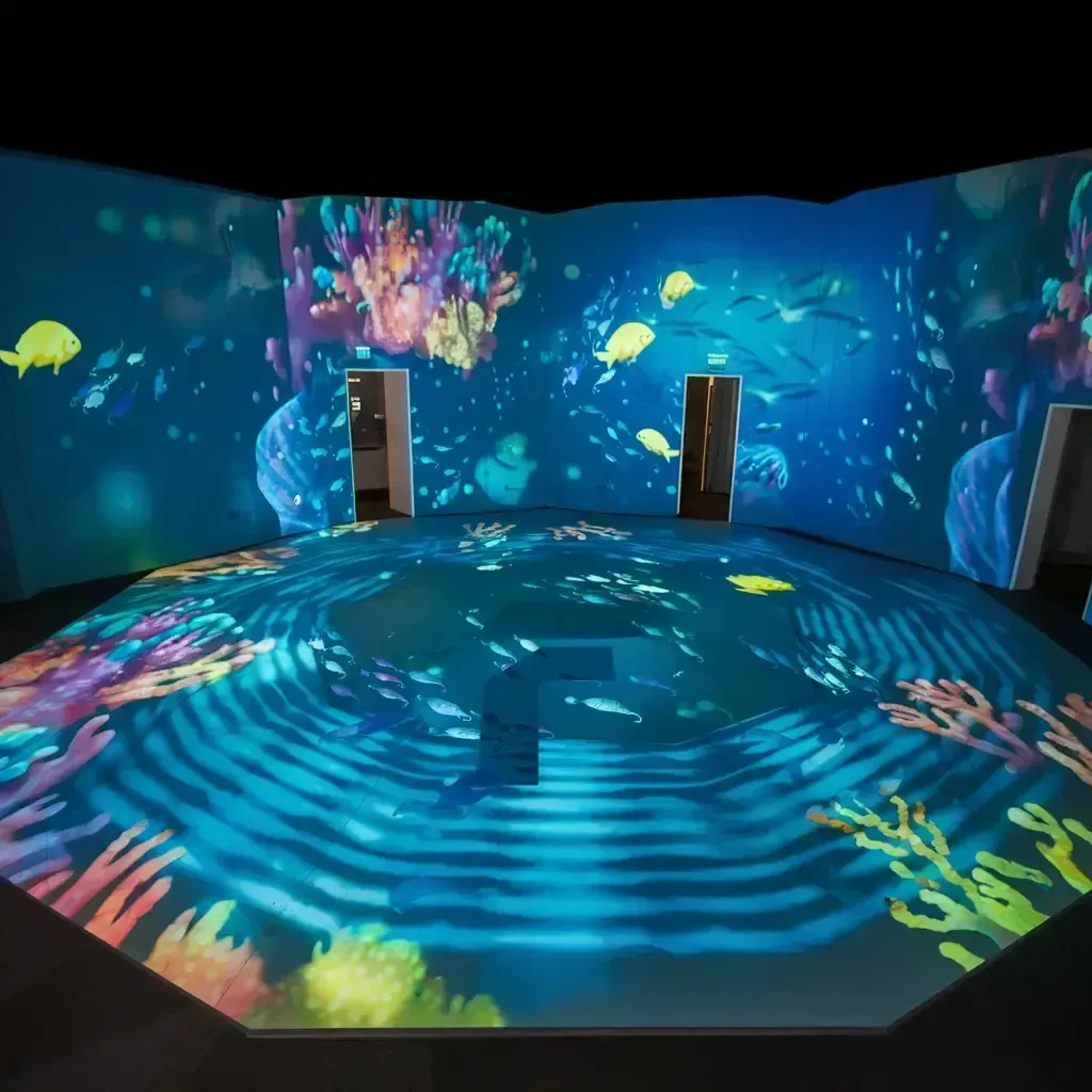 Interactive walkable floor LED display showing animated graphics