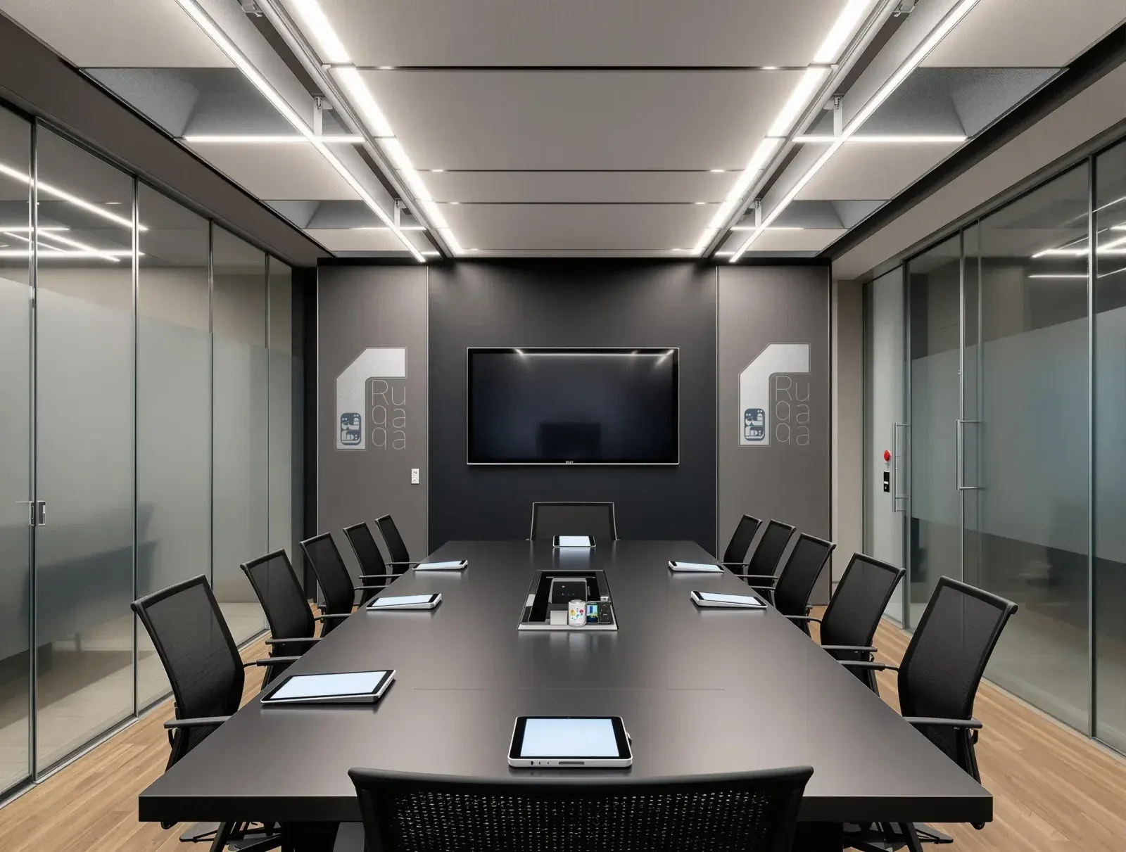 Boardroom outfitted with a display, tablets and a unified control system