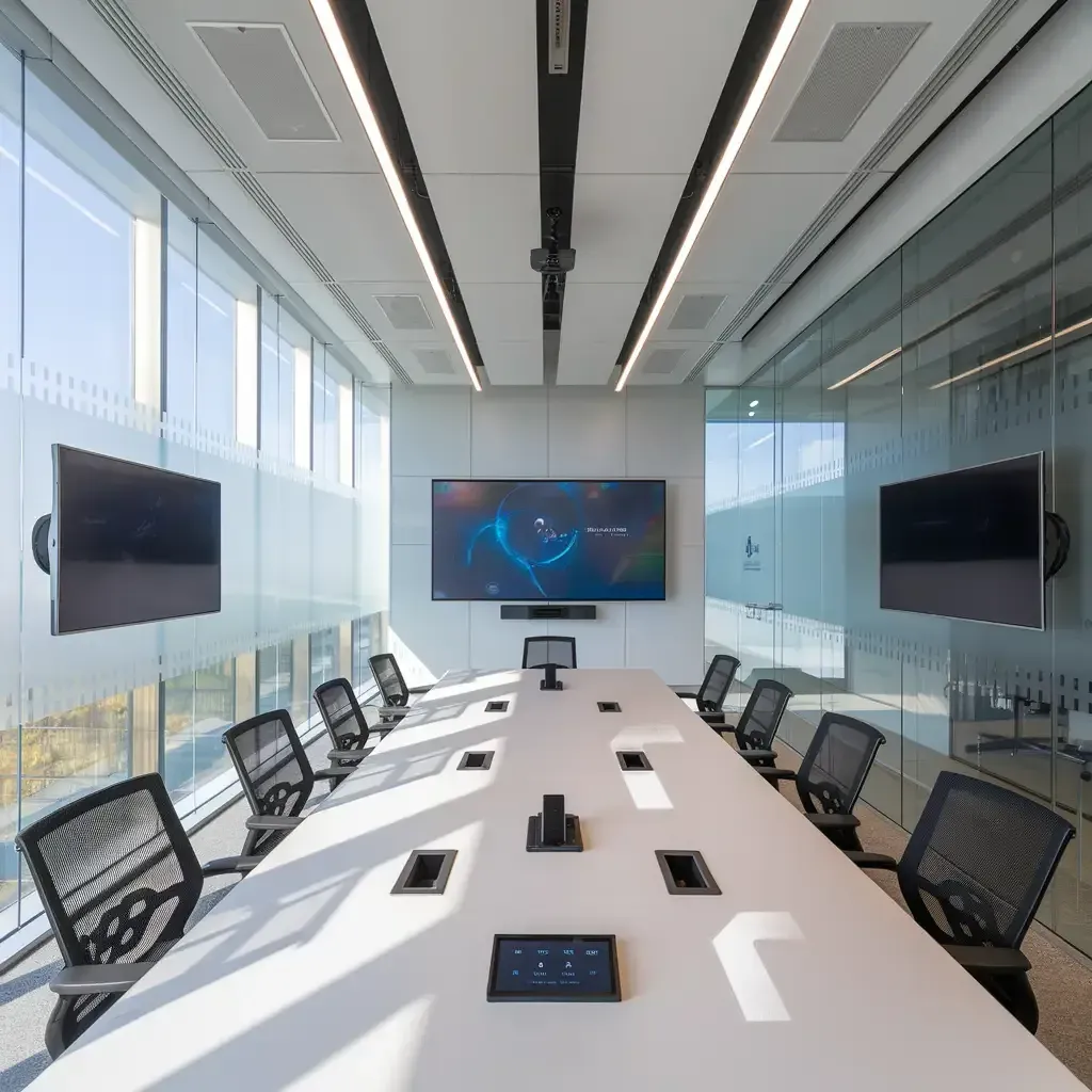 Fully outfitted meeting room with displays, audio, video conferencing and unified control
