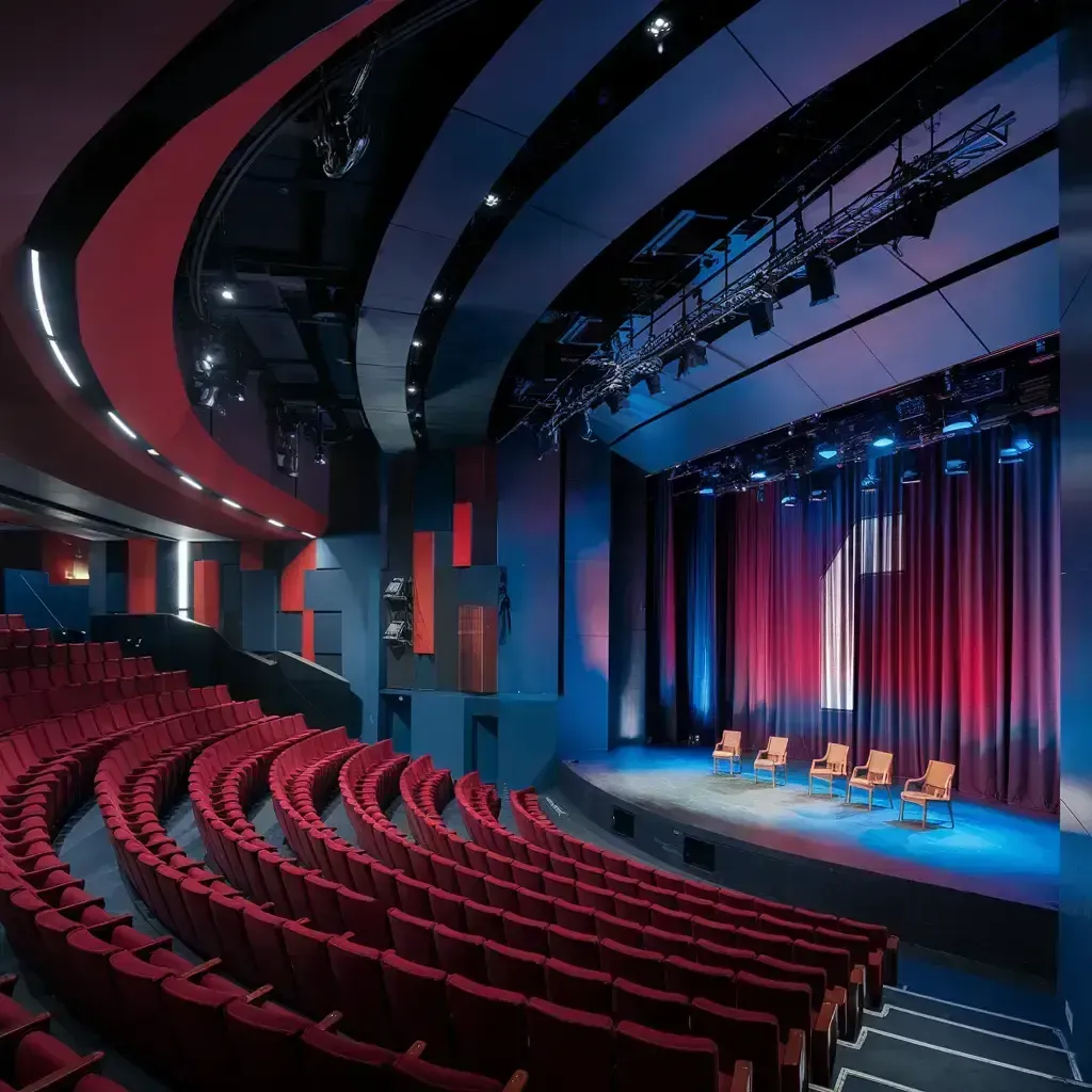 Modern performance theater with red seating, blue stage lighting and rigged lighting trusses above the stage