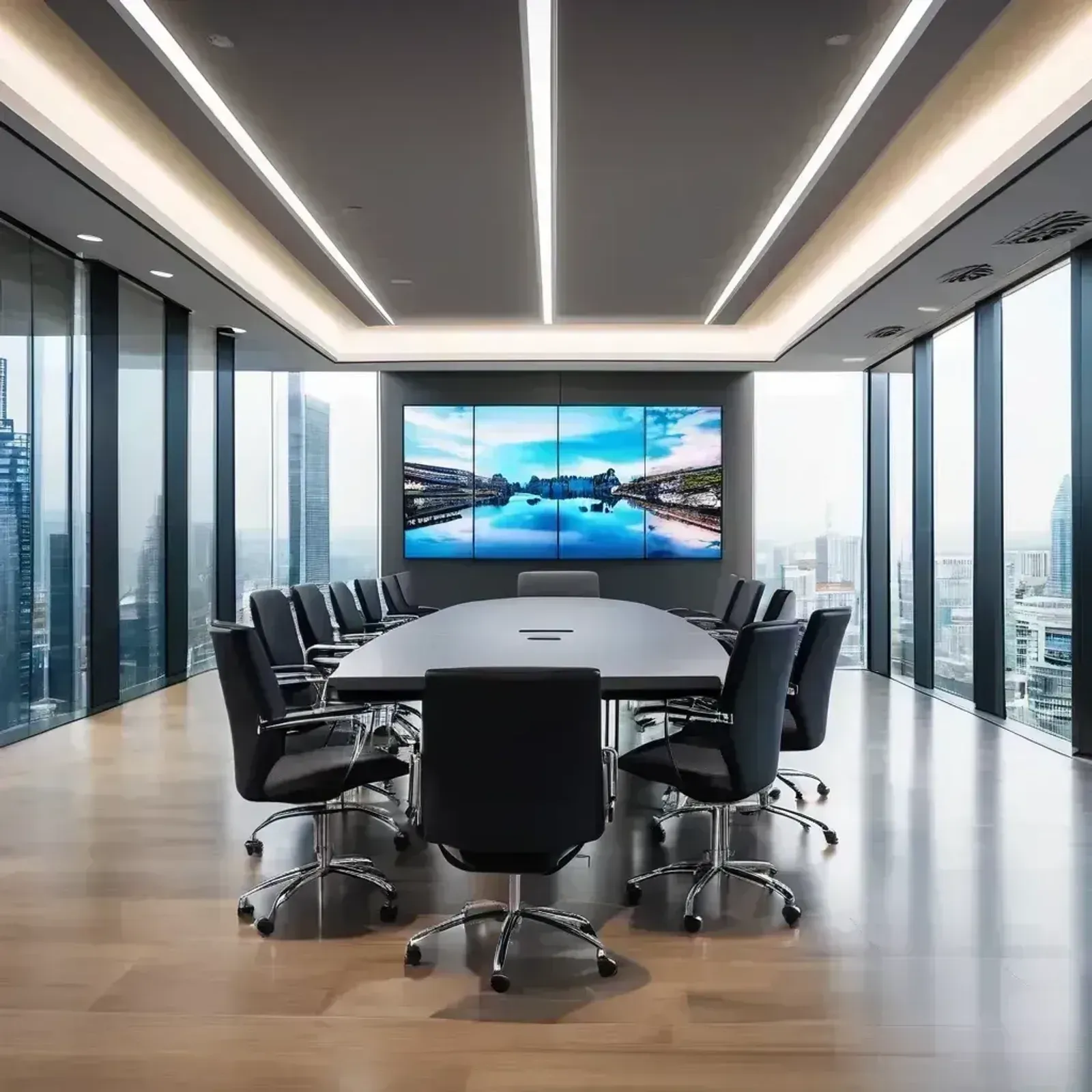 Four-panel LCD video wall in a glass-walled boardroom